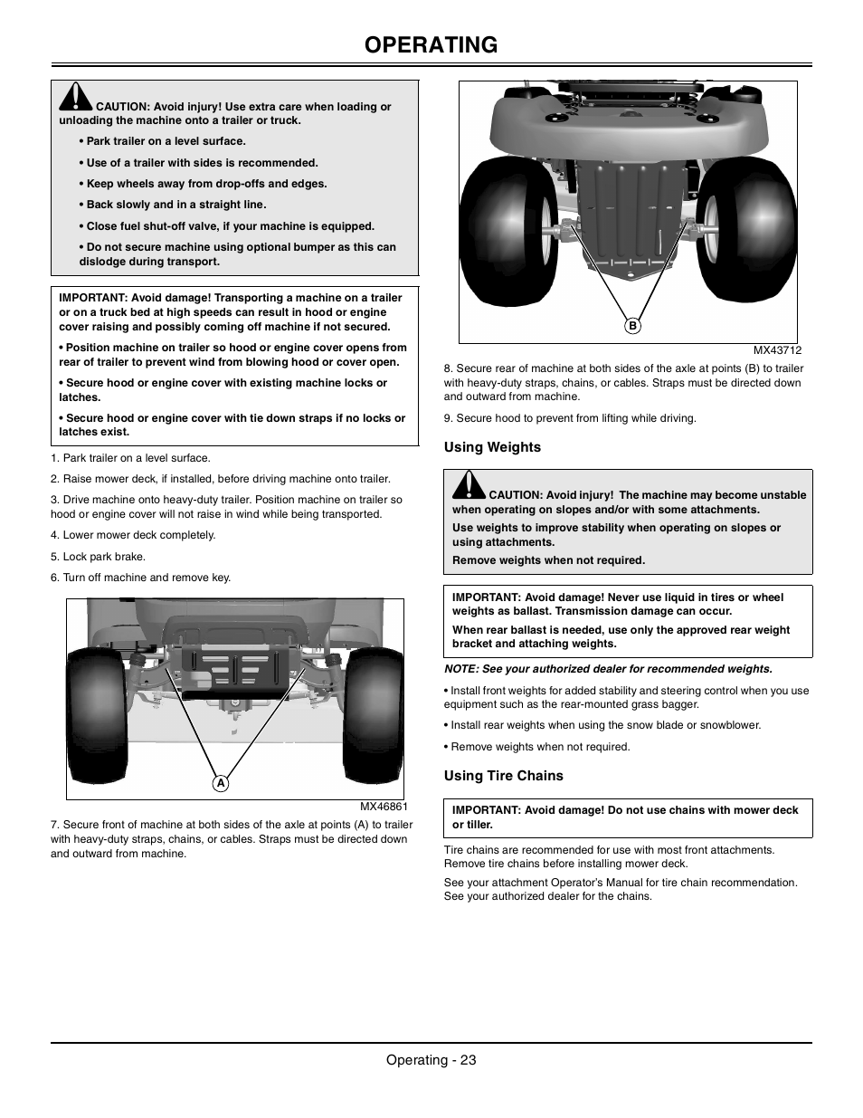 Using weights, Using tire chains, Operating | John Deere Tractor 100 Series OMG X23532 J0 User Manual | Page 24 / 56