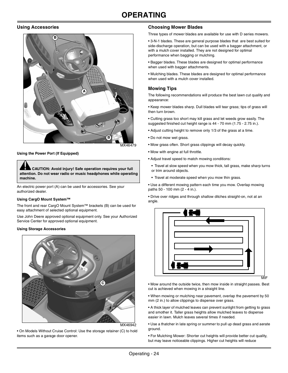 Using accessories, Using the power port (if equipped), Using cargo mount system | Using storage accessories, Choosing mower blades, Mowing tips, Operating | John Deere Tractor 100 Series OMG X23532 J0 User Manual | Page 25 / 56