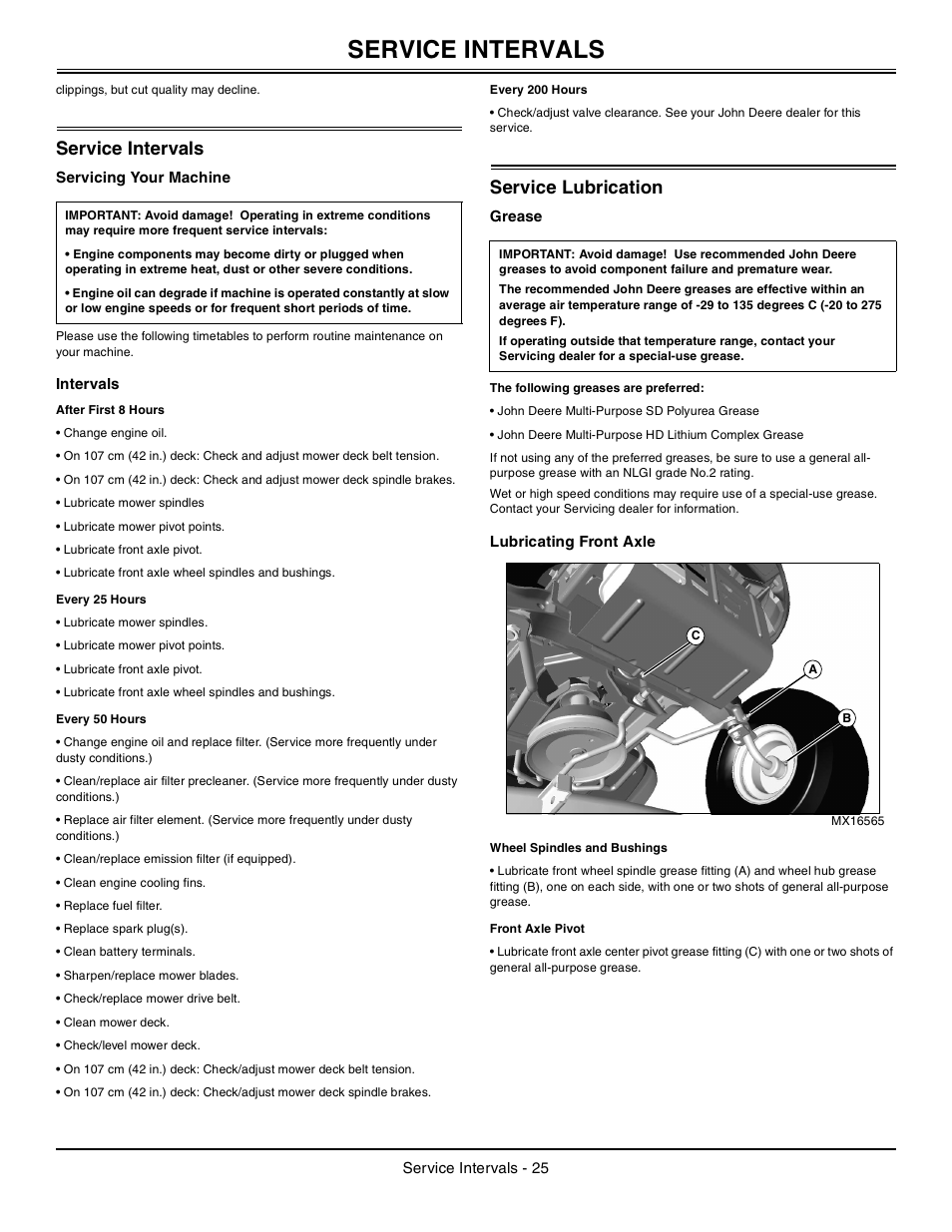Service intervals, Servicing your machine, Intervals | After first 8 hours, Every 25 hours, Every 50 hours, Every 200 hours, Service lubrication, Grease, The following greases are preferred | John Deere Tractor 100 Series OMG X23532 J0 User Manual | Page 26 / 56