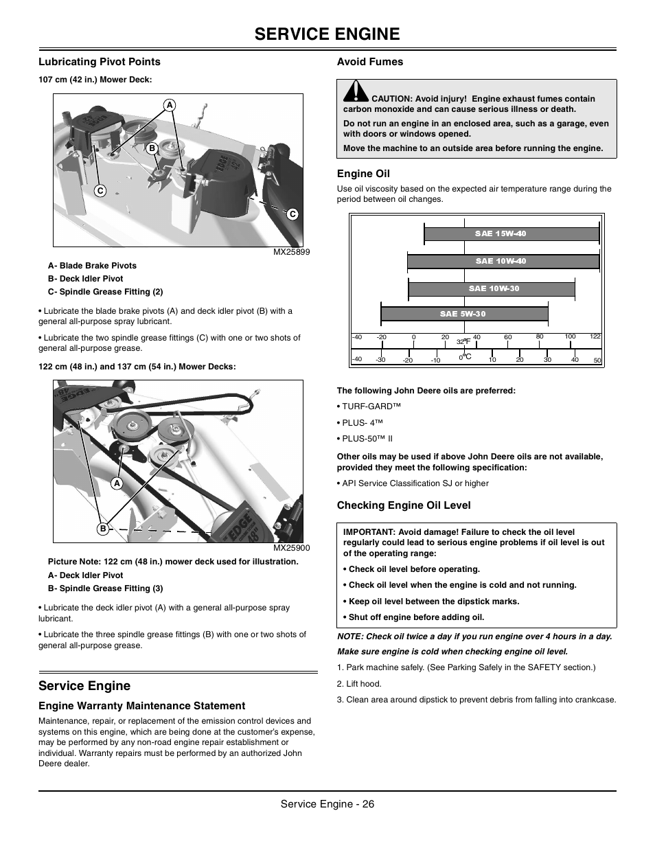Lubricating pivot points, 107 cm (42 in.) mower deck, 122 cm (48 in.) and 137 cm (54 in.) mower decks | Service engine, Engine warranty maintenance statement, Avoid fumes, Engine oil, The following john deere oils are preferred, Checking engine oil level | John Deere Tractor 100 Series OMG X23532 J0 User Manual | Page 27 / 56