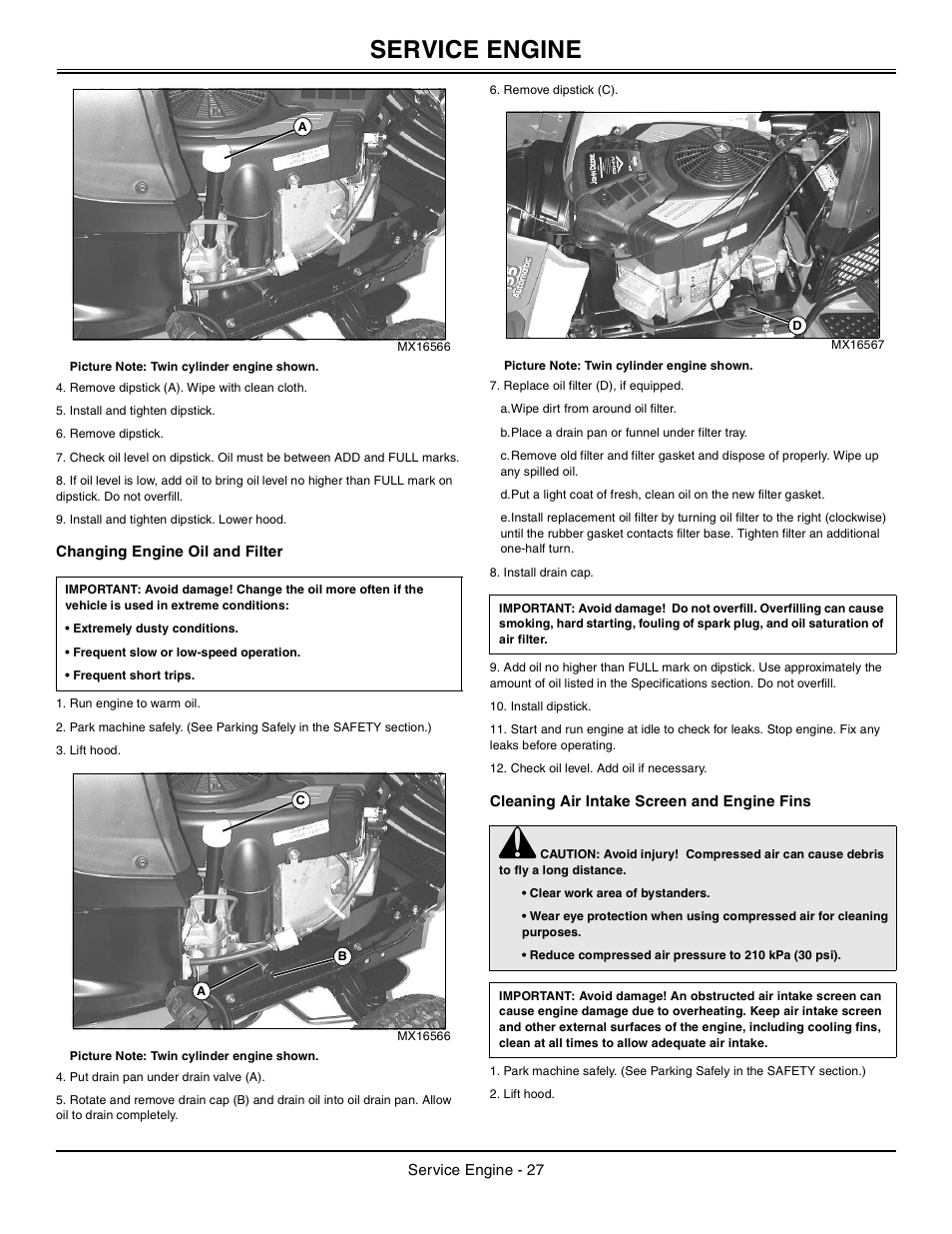 Changing engine oil and filter, Cleaning air intake screen and engine fins, Service engine | John Deere Tractor 100 Series OMG X23532 J0 User Manual | Page 28 / 56
