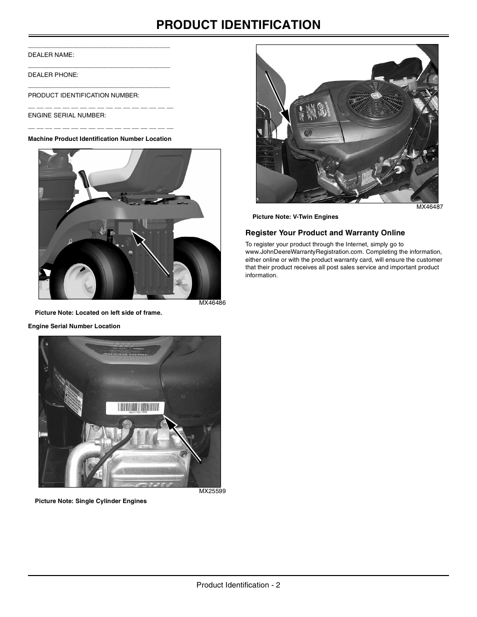 Machine product identification number location, Engine serial number location, Register your product and warranty online | Product identification | John Deere Tractor 100 Series OMG X23532 J0 User Manual | Page 3 / 56