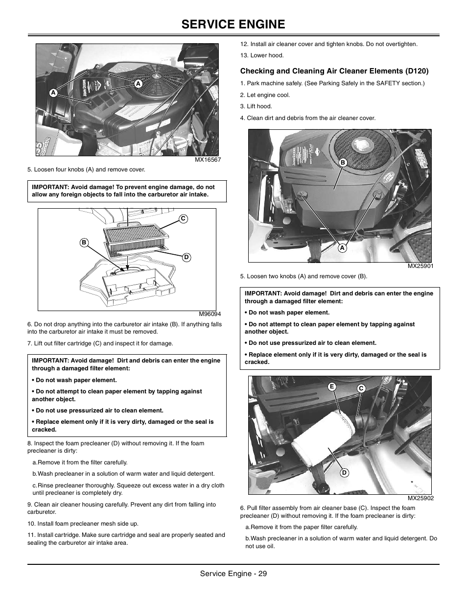 Checking and cleaning air cleaner elements (d120), Service engine | John Deere Tractor 100 Series OMG X23532 J0 User Manual | Page 30 / 56