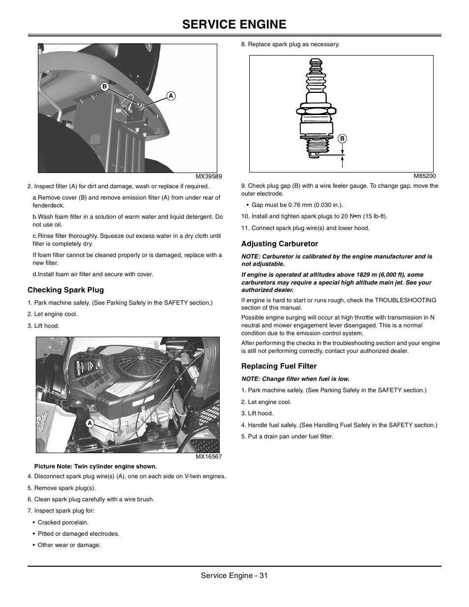 Checking spark plug, Adjusting carburetor, Replacing fuel filter | Service engine | John Deere Tractor 100 Series OMG X23532 J0 User Manual | Page 32 / 56