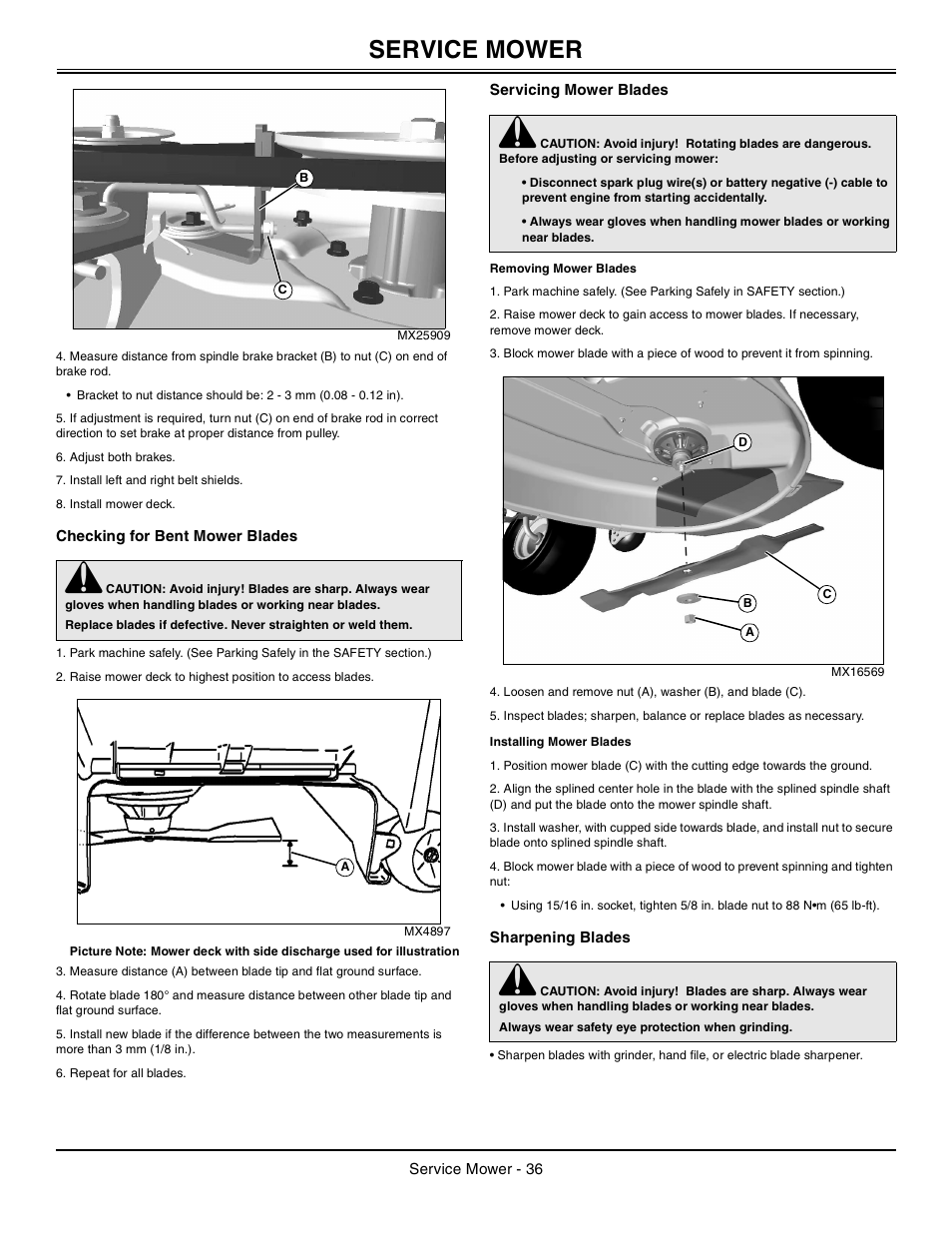 Checking for bent mower blades, Servicing mower blades, Removing mower blades | Installing mower blades, Sharpening blades, Service mower | John Deere Tractor 100 Series OMG X23532 J0 User Manual | Page 37 / 56