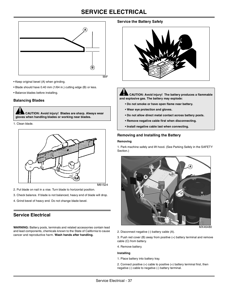 Balancing blades, Service electrical, Service the battery safely | Removing and installing the battery, Removing, Installing | John Deere Tractor 100 Series OMG X23532 J0 User Manual | Page 38 / 56