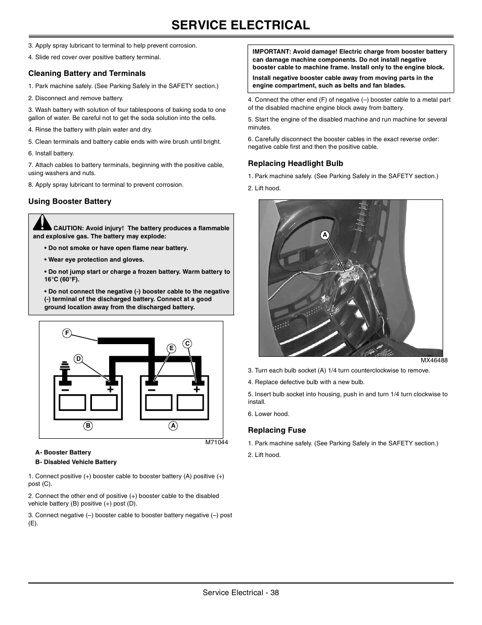 Cleaning battery and terminals, Using booster battery, Replacing headlight bulb | Replacing fuse, Service electrical | John Deere Tractor 100 Series OMG X23532 J0 User Manual | Page 39 / 56