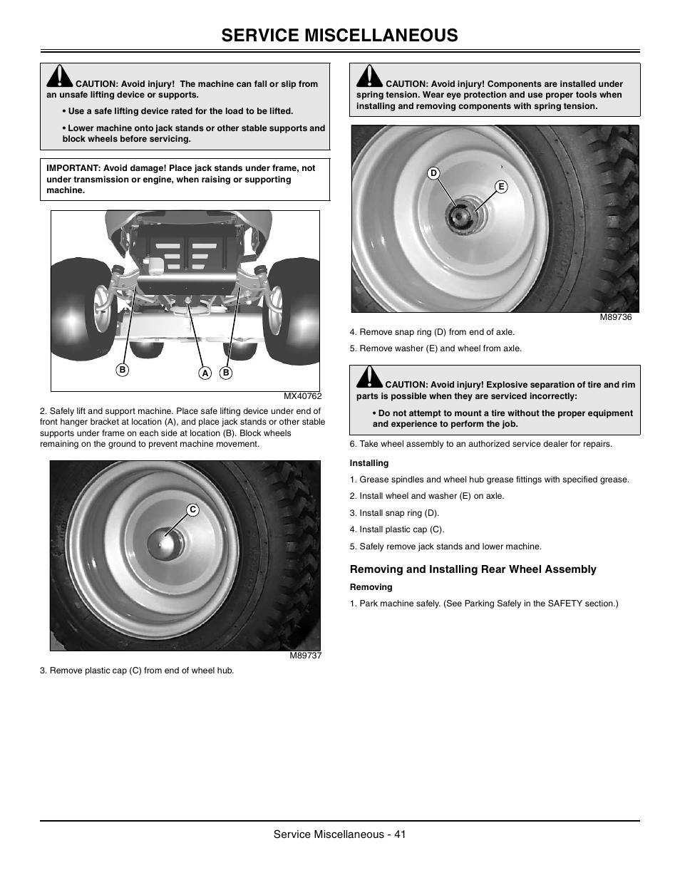 Installing, Removing and installing rear wheel assembly, Removing | Service miscellaneous | John Deere Tractor 100 Series OMG X23532 J0 User Manual | Page 42 / 56