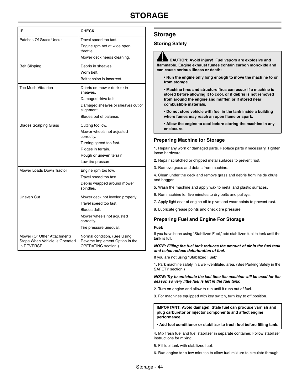 Storage, Storing safety, Preparing machine for storage | Preparing fuel and engine for storage, Fuel | John Deere Tractor 100 Series OMG X23532 J0 User Manual | Page 45 / 56