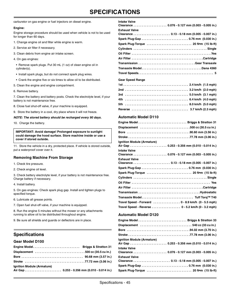 Engine, Removing machine from storage, Specifications | Gear model d100, Gear speed range, Automatic model d110, Automatic model d120 | John Deere Tractor 100 Series OMG X23532 J0 User Manual | Page 46 / 56