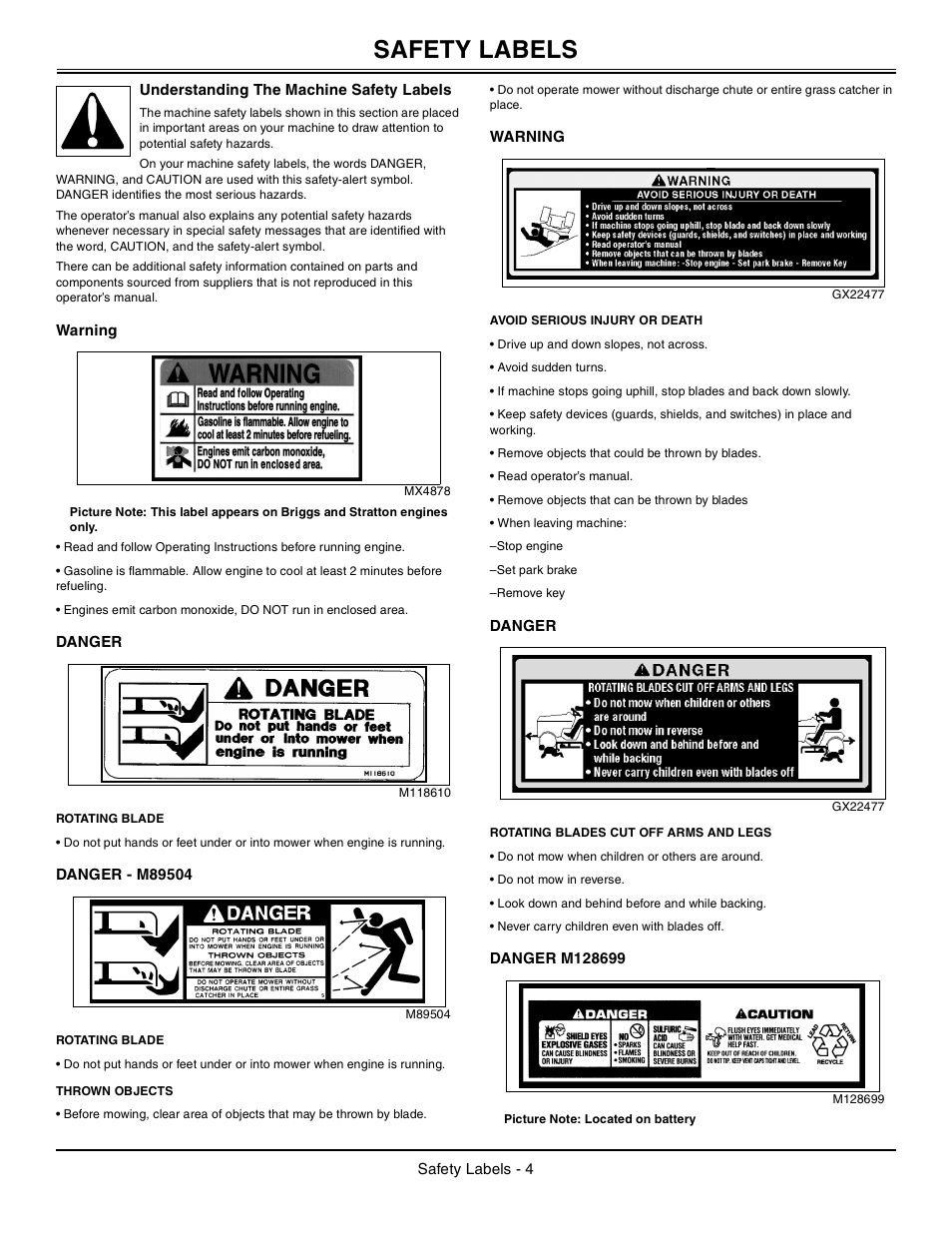 Understanding the machine safety labels, Warning, Danger | Rotating blade, Danger - m89504, Thrown objects, Avoid serious injury or death, Rotating blades cut off arms and legs, Danger m128699, Safety labels | John Deere Tractor 100 Series OMG X23532 J0 User Manual | Page 5 / 56