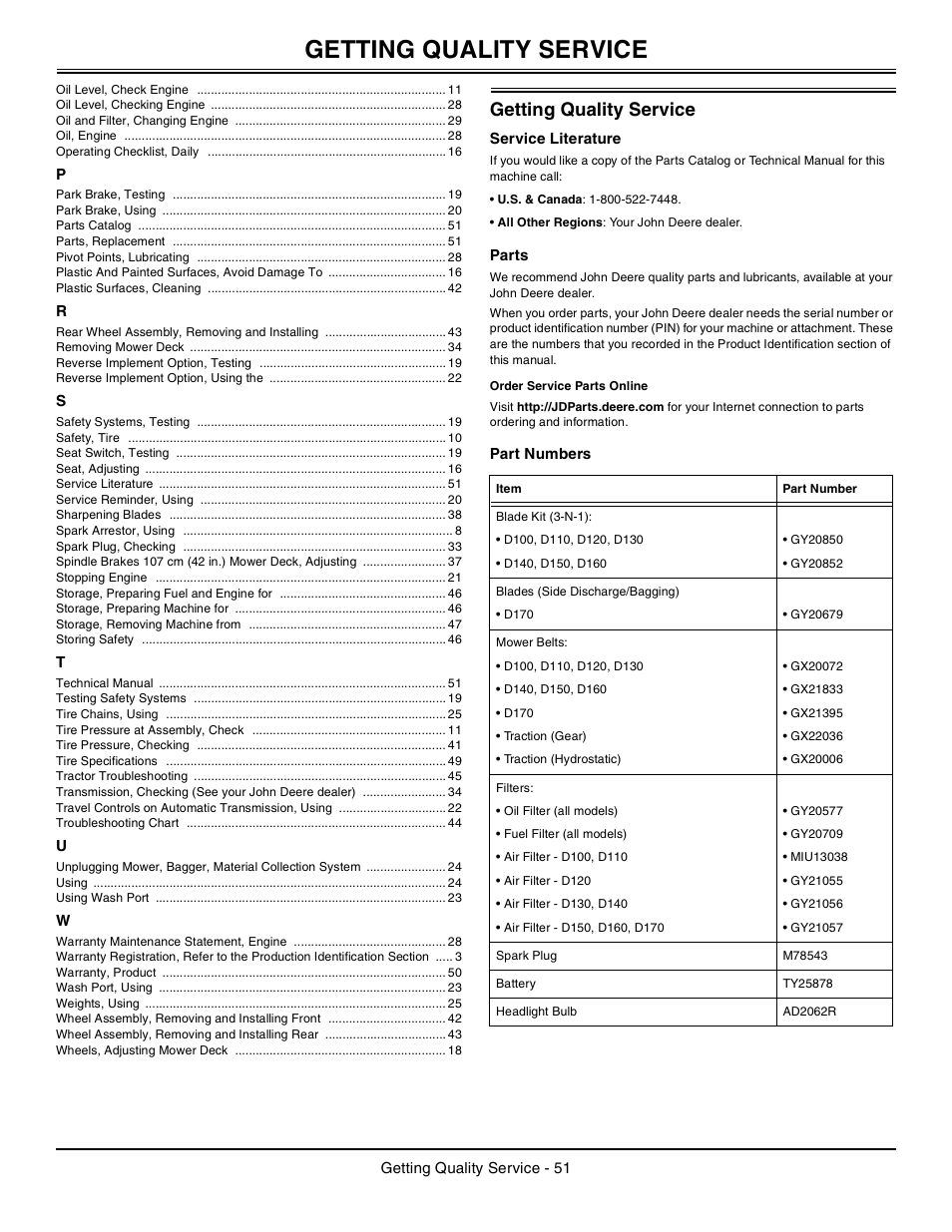 Getting quality service, Service literature, Parts | Order service parts online, Part numbers | John Deere Tractor 100 Series OMG X23532 J0 User Manual | Page 52 / 56