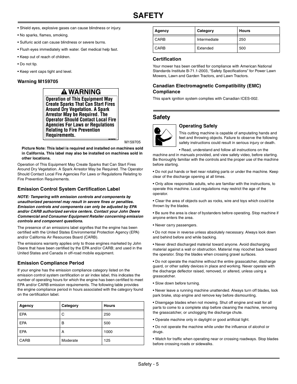 Warning m159705, Emission control system certification label, Emission compliance period | Certification, Safety, Operating safely | John Deere Tractor 100 Series OMG X23532 J0 User Manual | Page 6 / 56