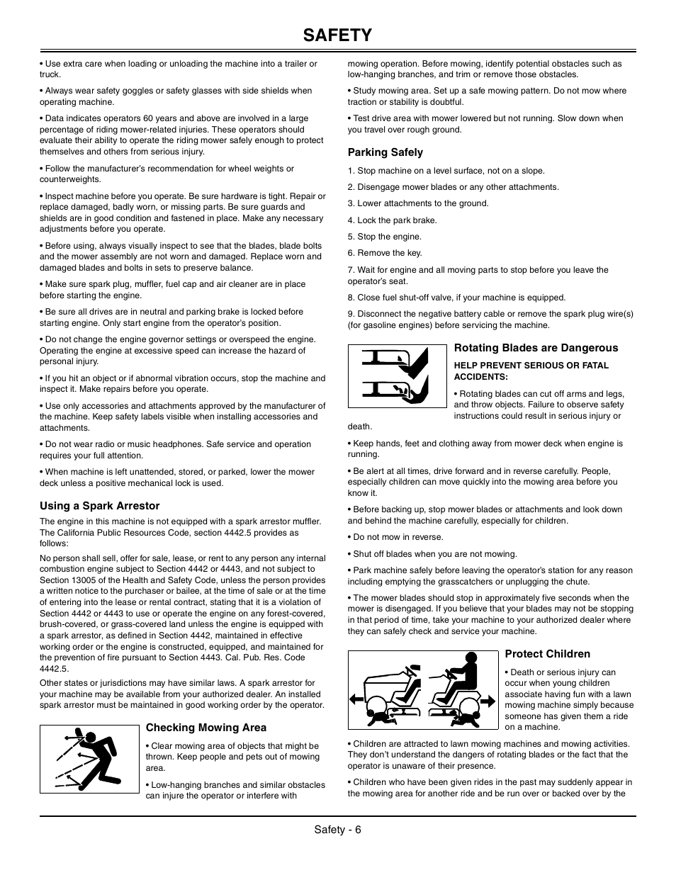 Using a spark arrestor, Checking mowing area, Parking safely | Rotating blades are dangerous, Help prevent serious or fatal accidents, Protect children, Safety | John Deere Tractor 100 Series OMG X23532 J0 User Manual | Page 7 / 56