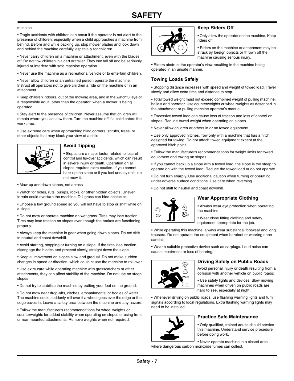 Avoid tipping, Keep riders off, Towing loads safely | Wear appropriate clothing, Driving safely on public roads, Practice safe maintenance, Safety | John Deere Tractor 100 Series OMG X23532 J0 User Manual | Page 8 / 56