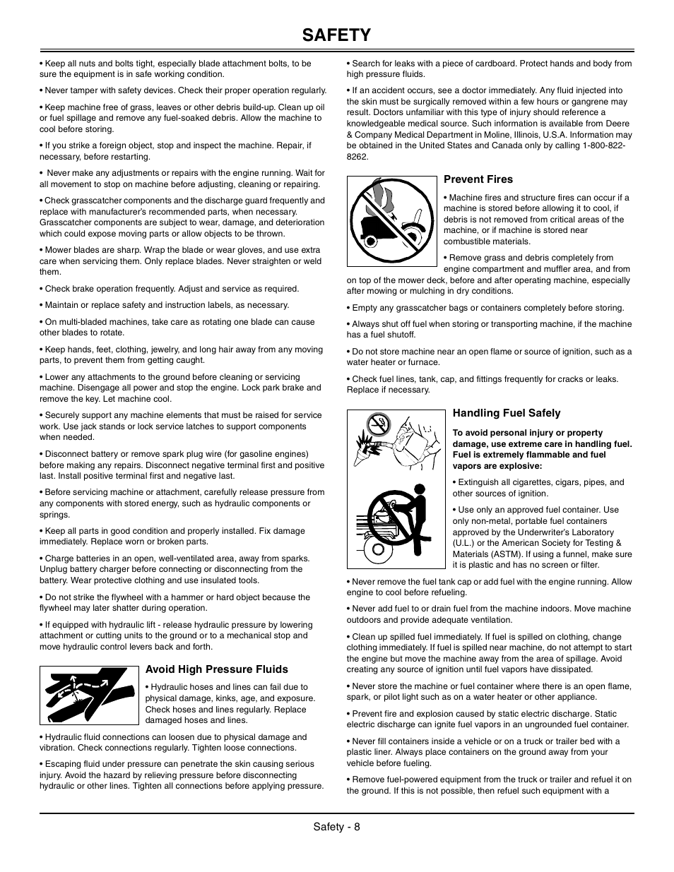Avoid high pressure fluids, Prevent fires, Handling fuel safely | Safety | John Deere Tractor 100 Series OMG X23532 J0 User Manual | Page 9 / 56