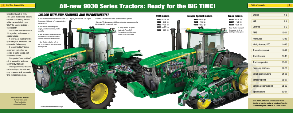 Loaded with new features and improvements, 4wd models, Scraper special models | Track models | John Deere 9030 Series User Manual | Page 2 / 17