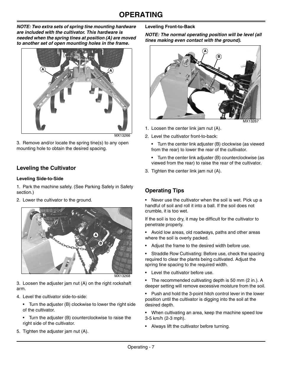Leveling the cultivator, Leveling side-to-side, Leveling front-to-back | Operating tips, Operating | John Deere OMM147682 B2 User Manual | Page 11 / 20