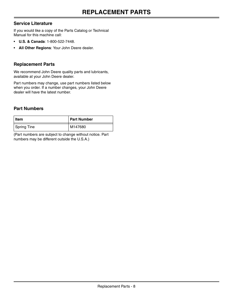 Replacement parts, Service literature, Part numbers | John Deere OMM147682 B2 User Manual | Page 12 / 20