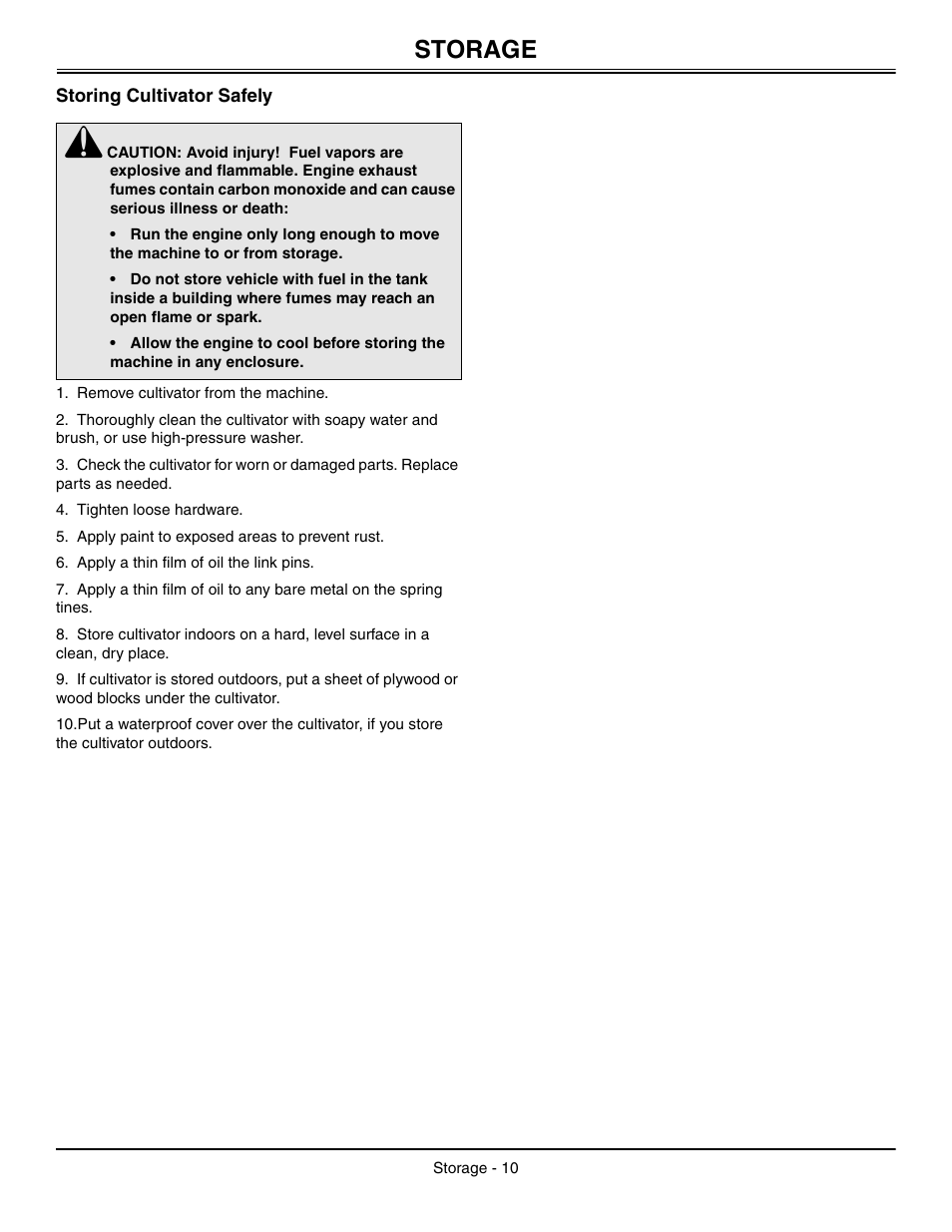 Storage, Storing cultivator safely | John Deere OMM147682 B2 User Manual | Page 14 / 20
