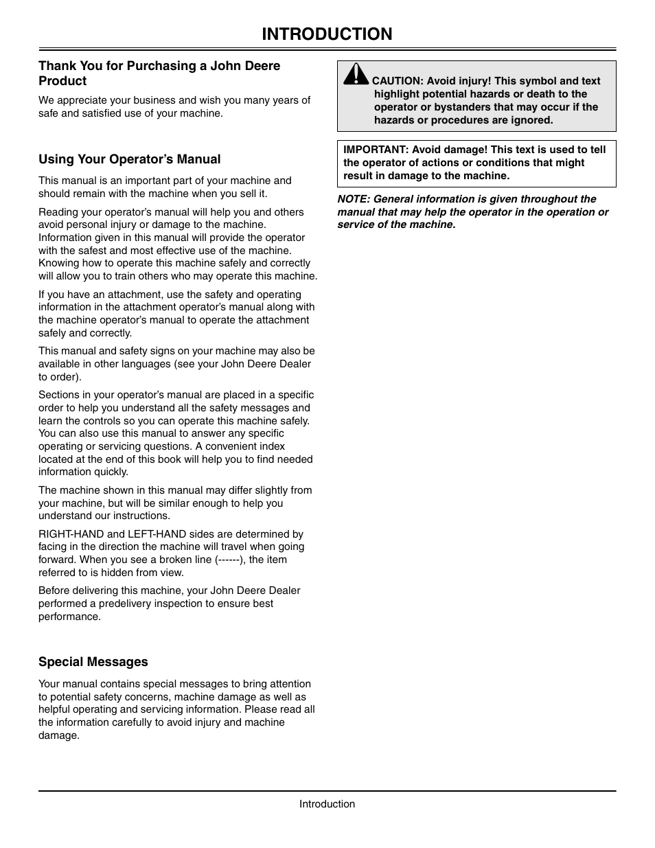 Introduction, Thank you for purchasing a john deere product, Using your operator’s manual | Special messages | John Deere OMM147682 B2 User Manual | Page 2 / 20