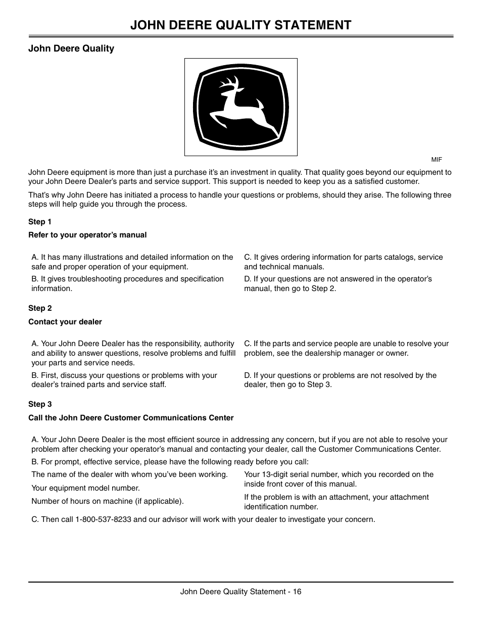 John deere quality statement, John deere quality, Step 1 | Step 2, Step 3 | John Deere OMM147682 B2 User Manual | Page 20 / 20