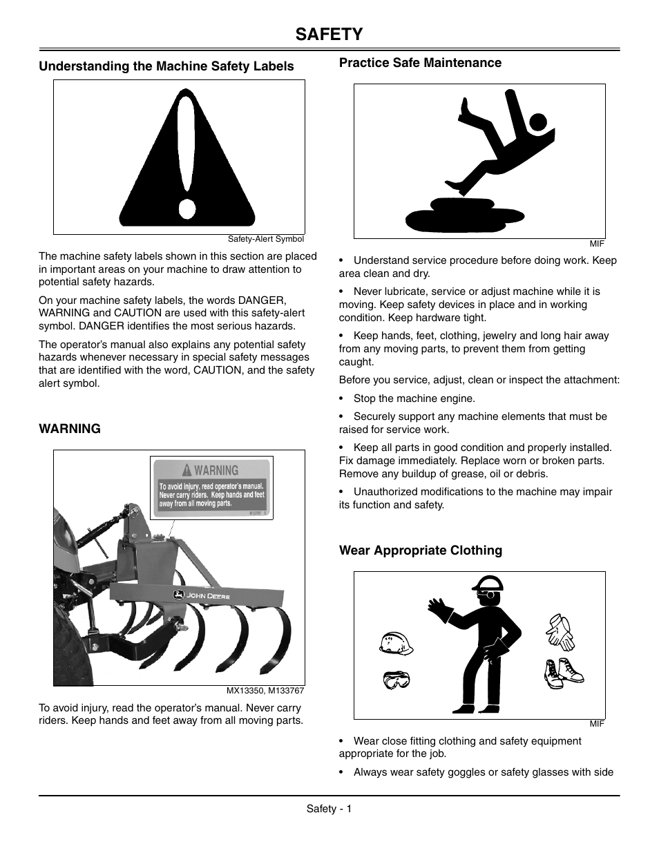 Safety, Understanding the machine safety labels, Warning | Practice safe maintenance, Wear appropriate clothing | John Deere OMM147682 B2 User Manual | Page 5 / 20