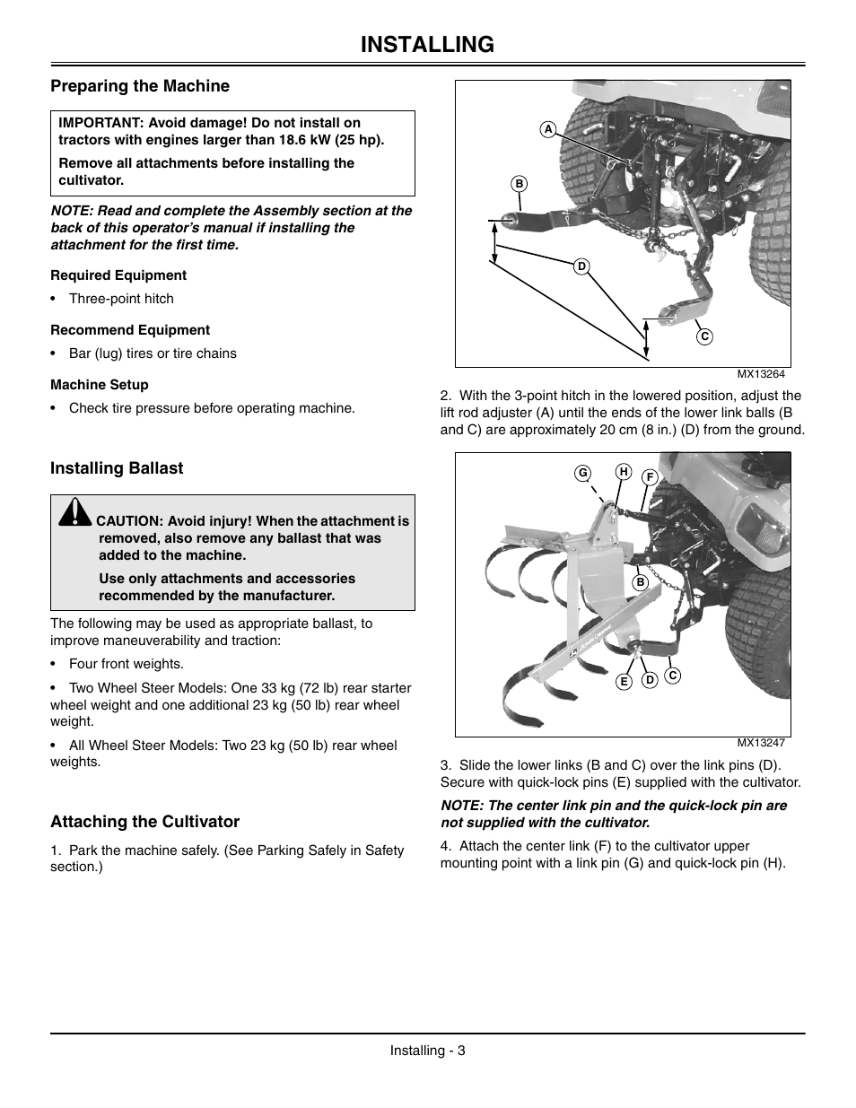 Installing, Preparing the machine, Required equipment | Recommend equipment, Machine setup, Installing ballast, Attaching the cultivator | John Deere OMM147682 B2 User Manual | Page 7 / 20