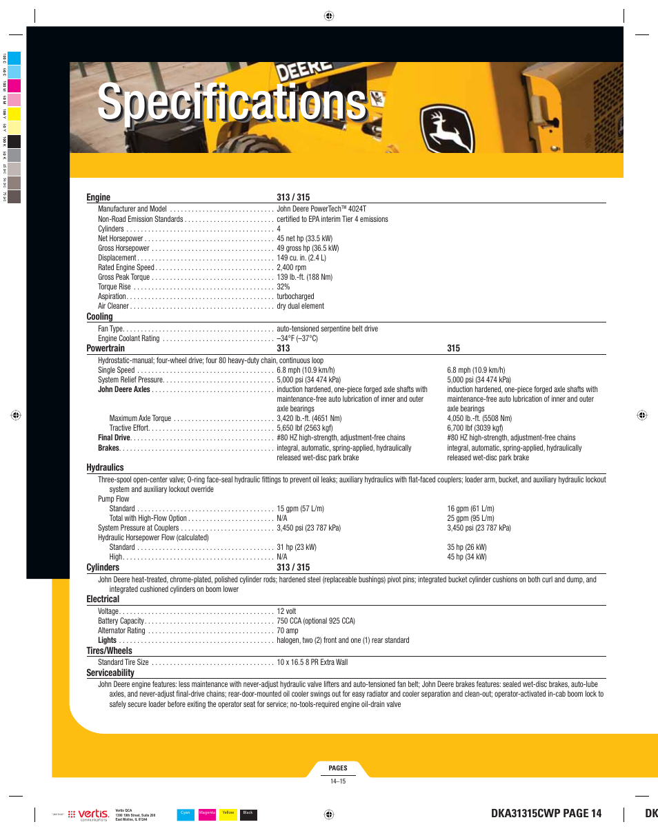 Specifi cations | John Deere 313 User Manual | Page 14 / 16