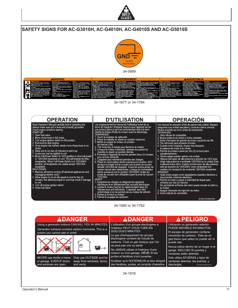 Danger, Danger peligro | John Deere AC-G3010H User Manual | Page 11 / 98