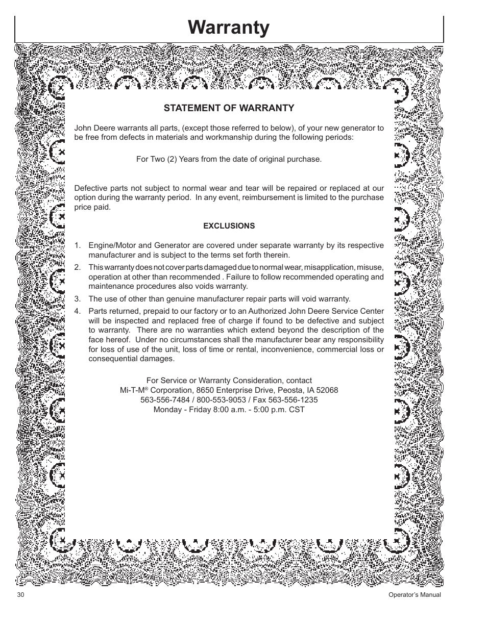 Warranty | John Deere AC-G3010H User Manual | Page 30 / 98