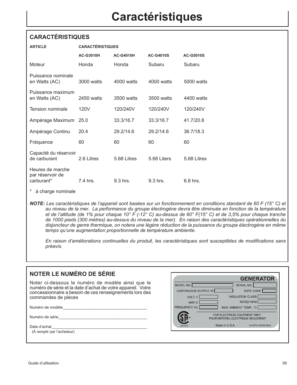 Caractéristiques | John Deere AC-G3010H User Manual | Page 59 / 98