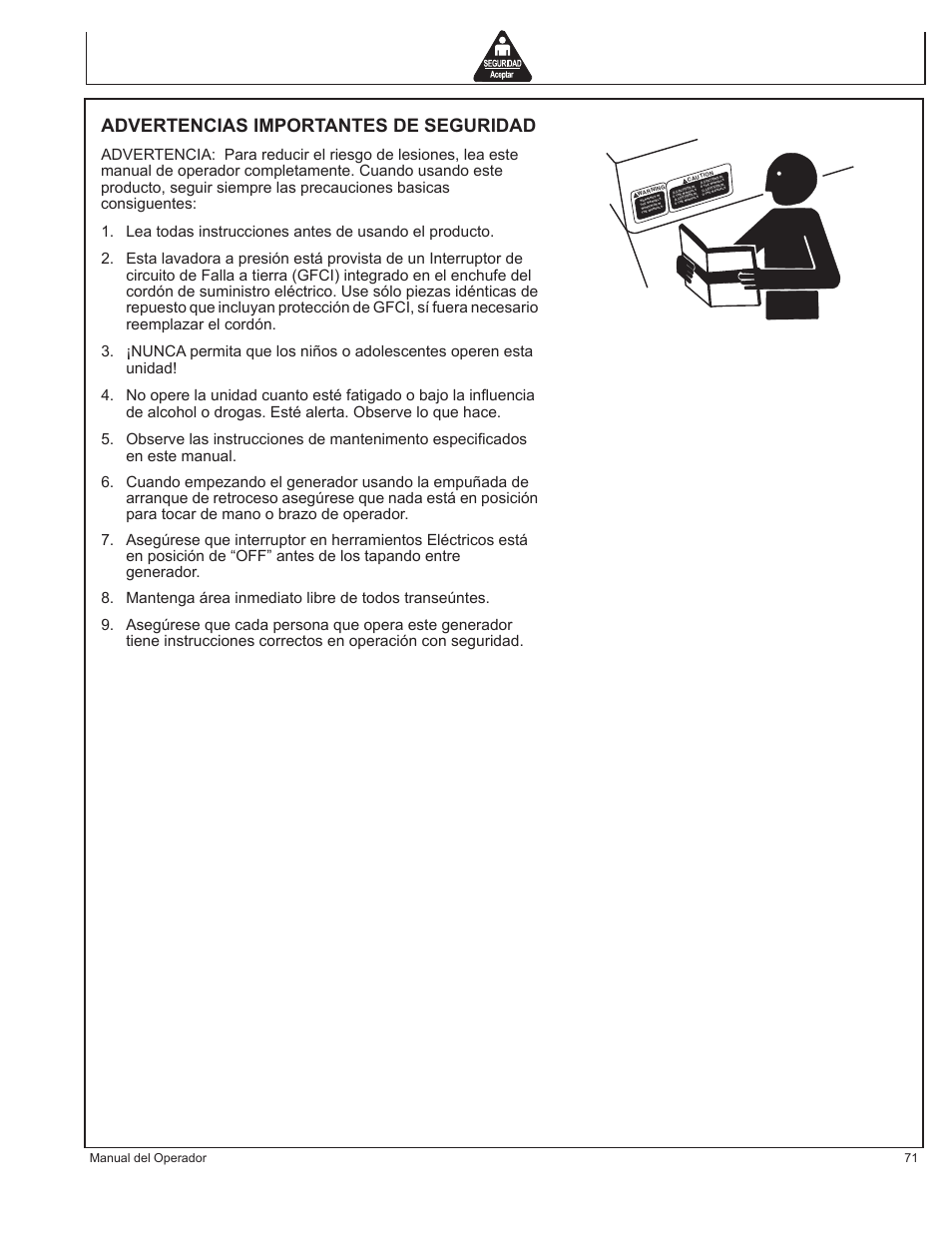 Advertencias importantes de seguridad, Manual del operador 71 | John Deere AC-G3010H User Manual | Page 71 / 98