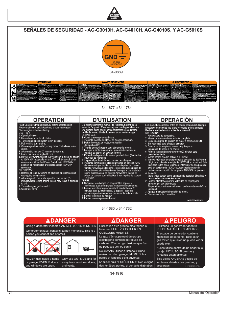 Danger, Danger peligro | John Deere AC-G3010H User Manual | Page 74 / 98