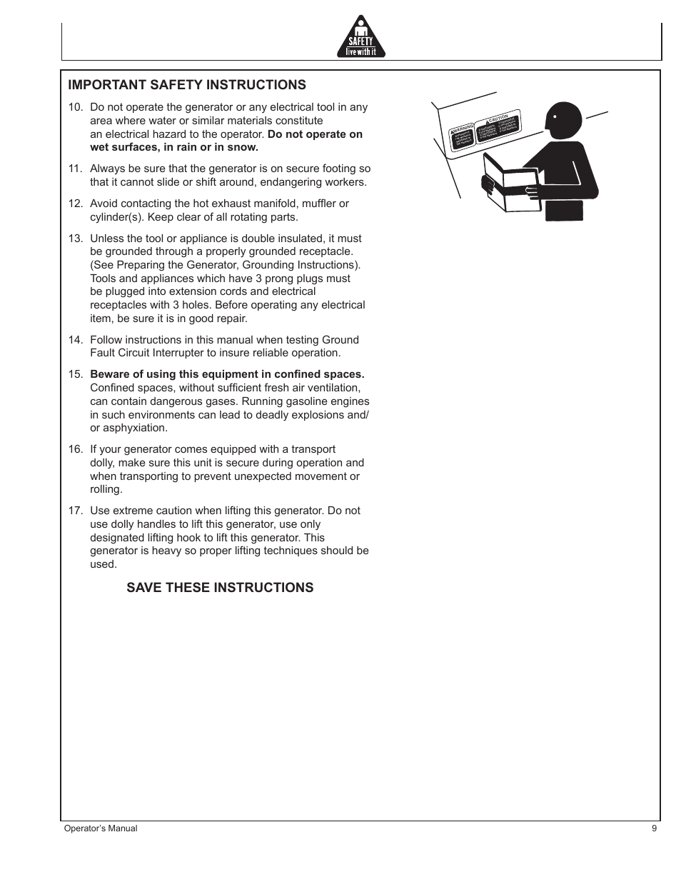 Important safety instructions, Save these instructions, Operator’s manual 9 | John Deere AC-G3010H User Manual | Page 9 / 98