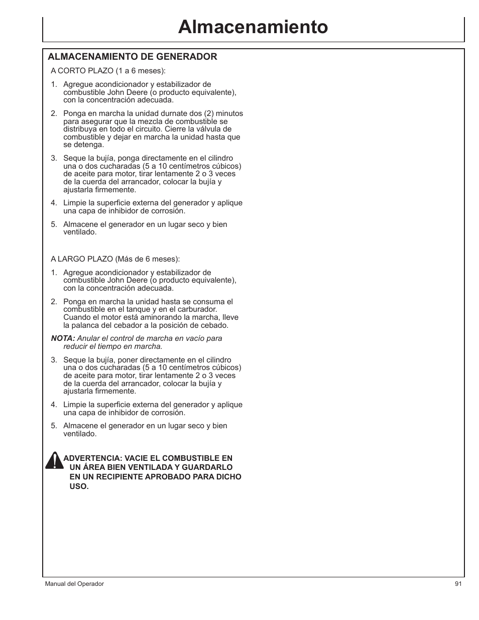 Almacenamiento | John Deere AC-G3010H User Manual | Page 91 / 98