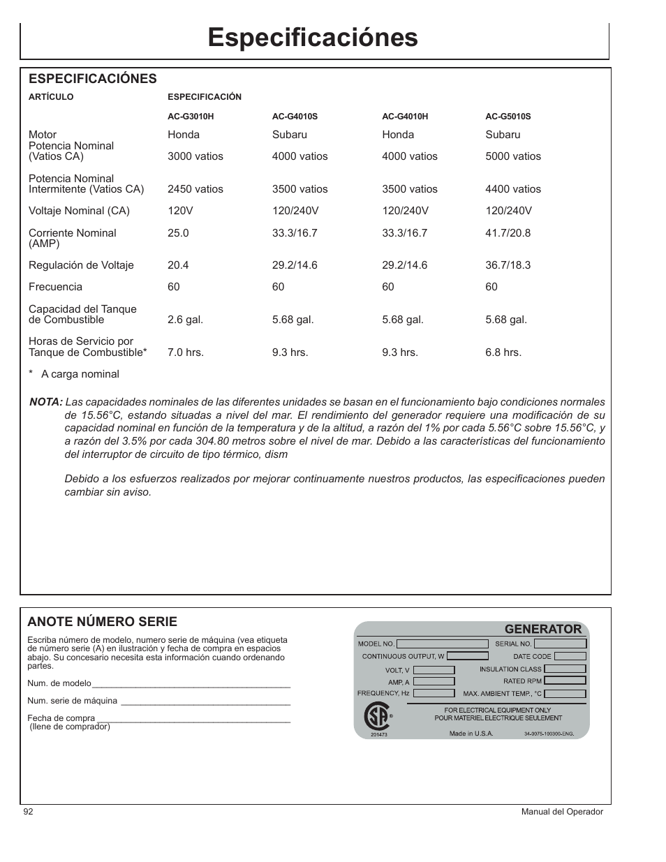 Especificaciónes | John Deere AC-G3010H User Manual | Page 92 / 98