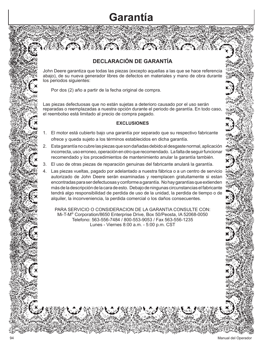 Garantía | John Deere AC-G3010H User Manual | Page 94 / 98
