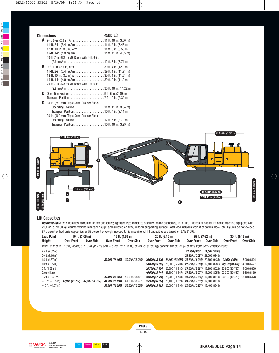 Dimensions 450d lc a, Lift capacities | John Deere 450D LC User Manual | Page 14 / 18