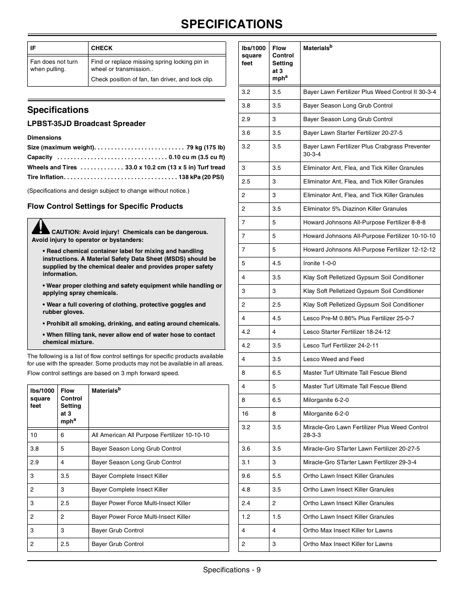 Specifications, Lpbst-35jd broadcast spreader, Dimensions | Flow control settings for specific products | John Deere LPBST-35JD User Manual | Page 10 / 12