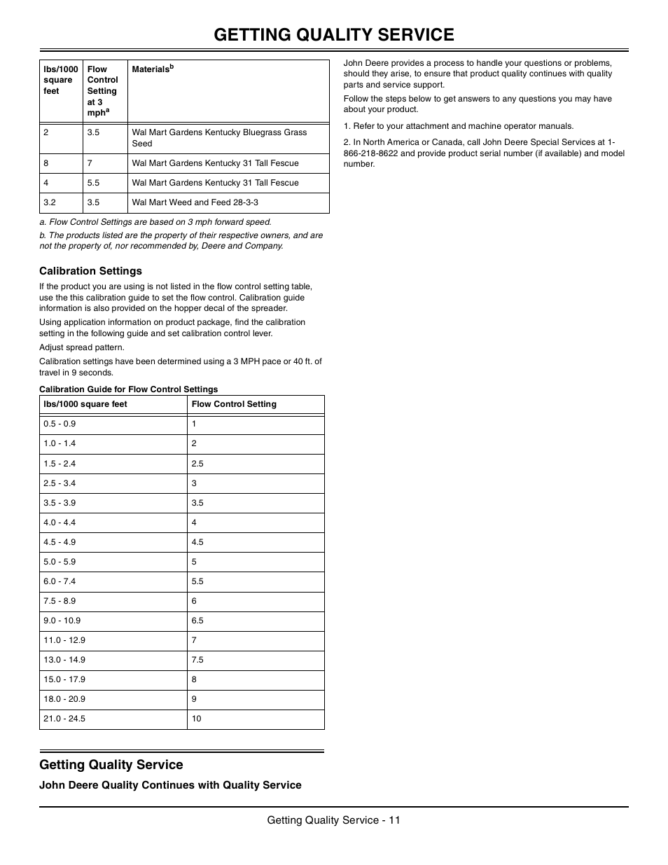 Calibration settings, Getting quality service, John deere quality continues with quality service | John Deere LPBST-35JD User Manual | Page 12 / 12