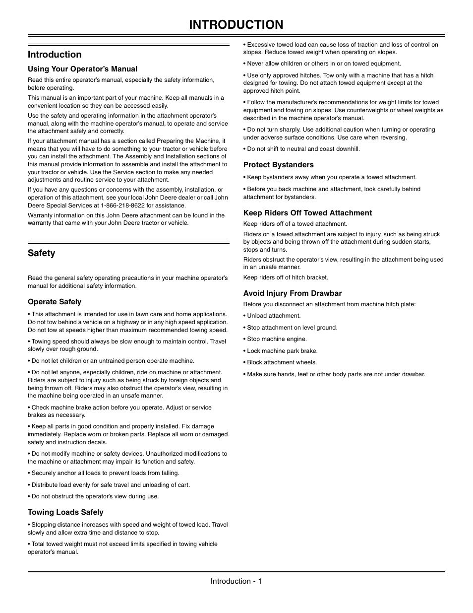 Introduction, Using your operator’s manual, Safety | Operate safely, Towing loads safely, Protect bystanders, Keep riders off towed attachment, Avoid injury from drawbar | John Deere LPBST-35JD User Manual | Page 2 / 12