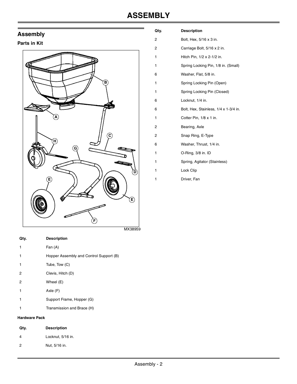 Assembly, Parts in kit, Hardware pack | John Deere LPBST-35JD User Manual | Page 3 / 12