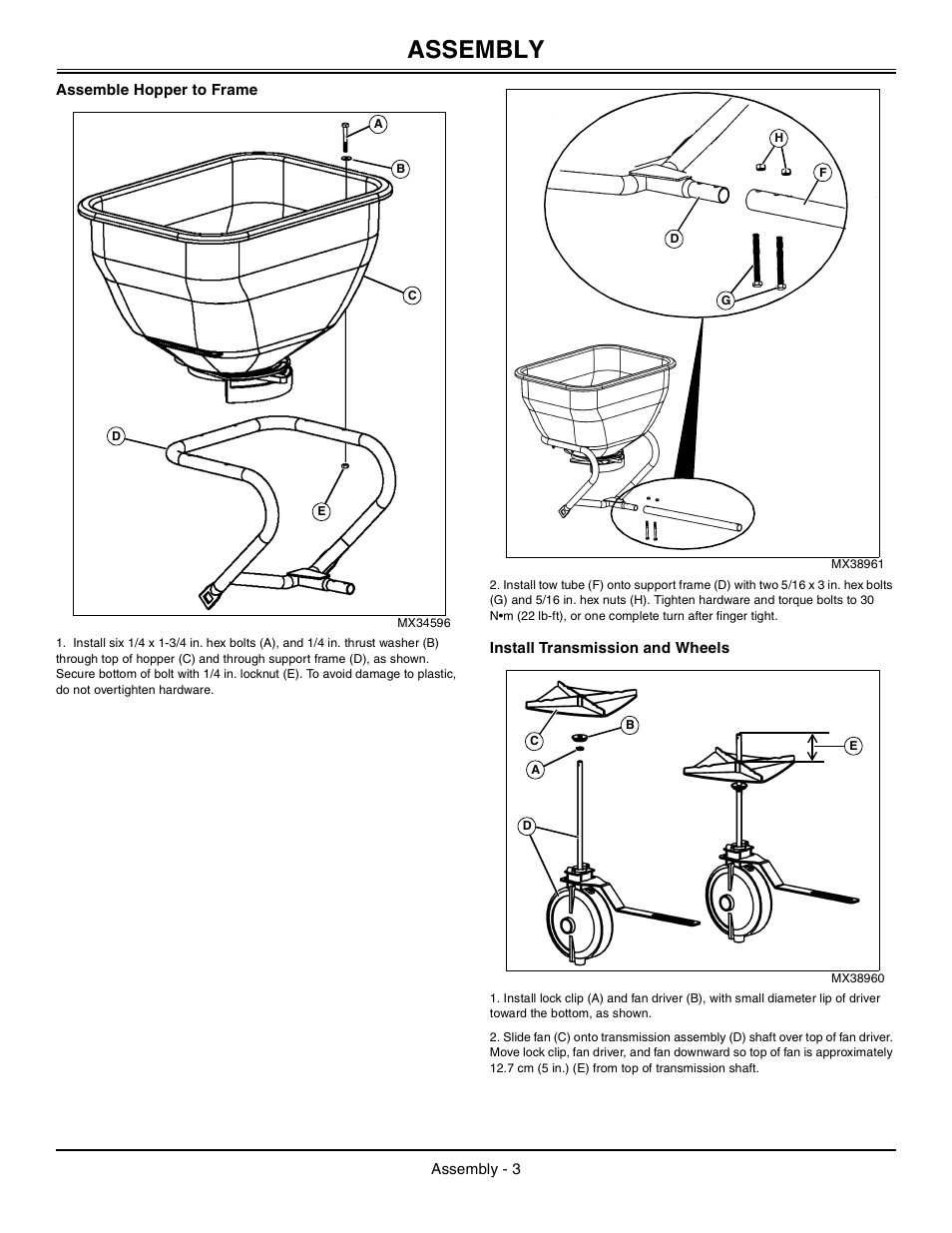 Assemble hopper to frame, Install transmission and wheels, Assembly | John Deere LPBST-35JD User Manual | Page 4 / 12