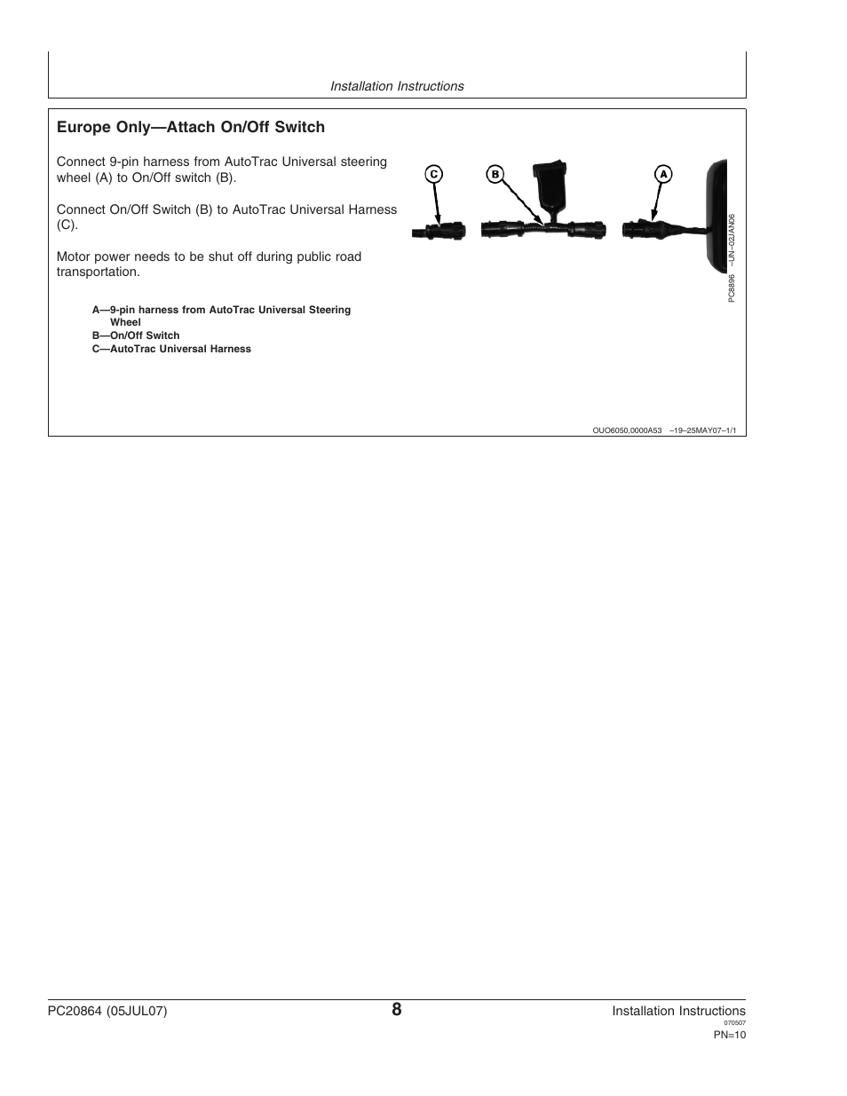 Europe only—attach on/off switch | John Deere PC20864 User Manual | Page 10 / 24