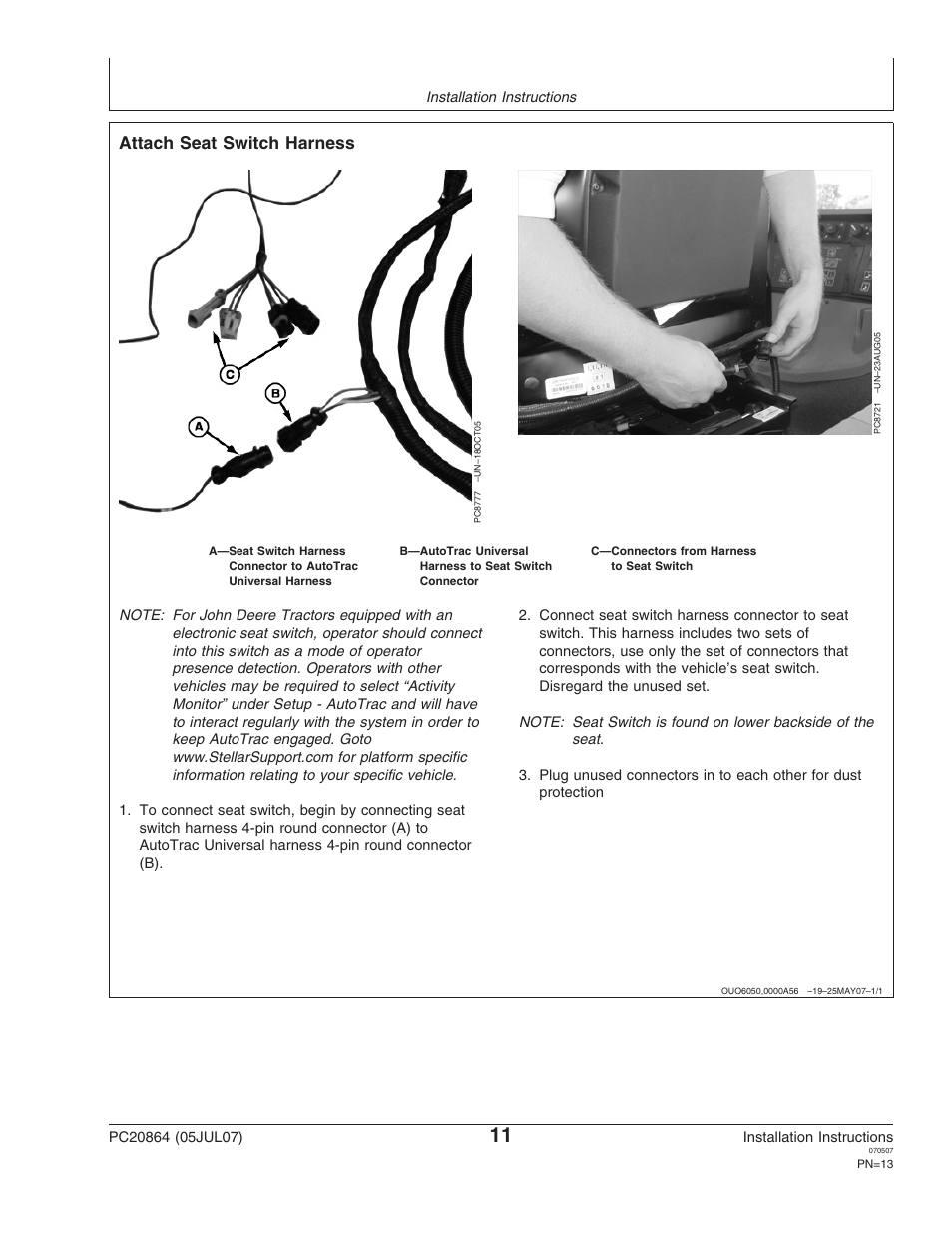 Attach seat switch harness | John Deere PC20864 User Manual | Page 13 / 24