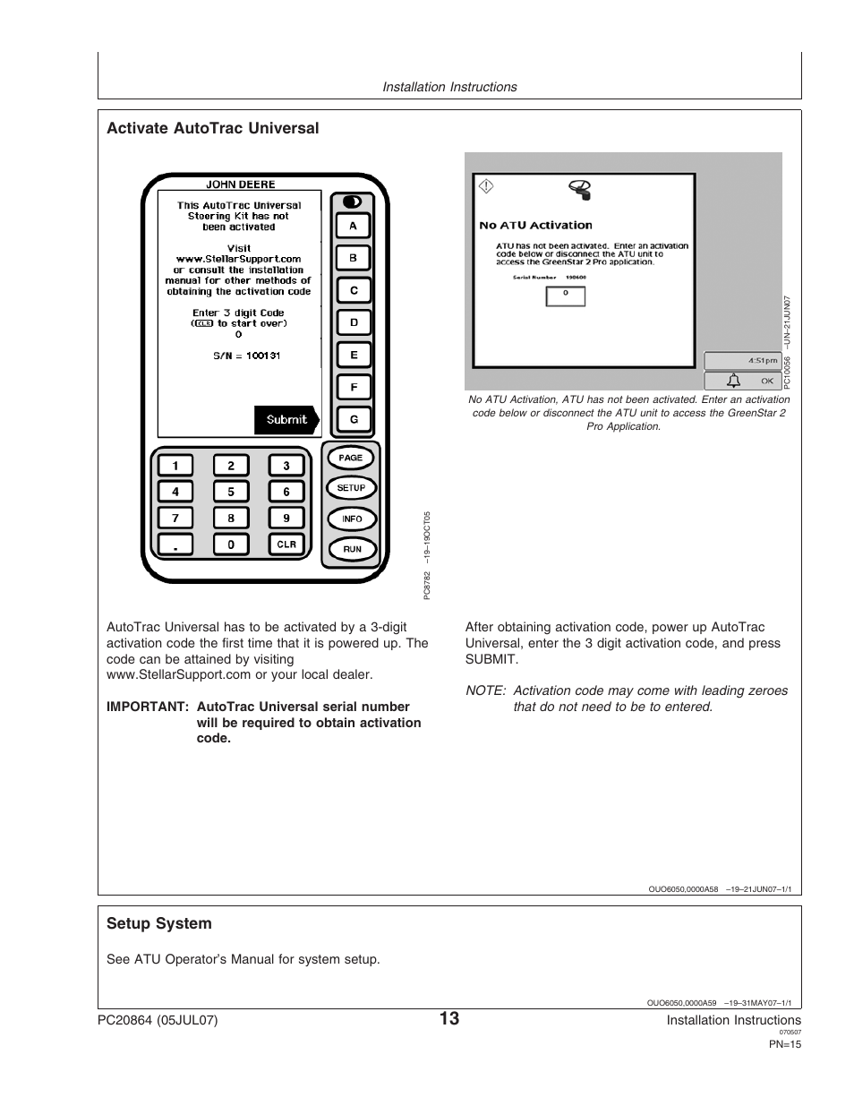 Activate autotrac universal, Setup system | John Deere PC20864 User Manual | Page 15 / 24