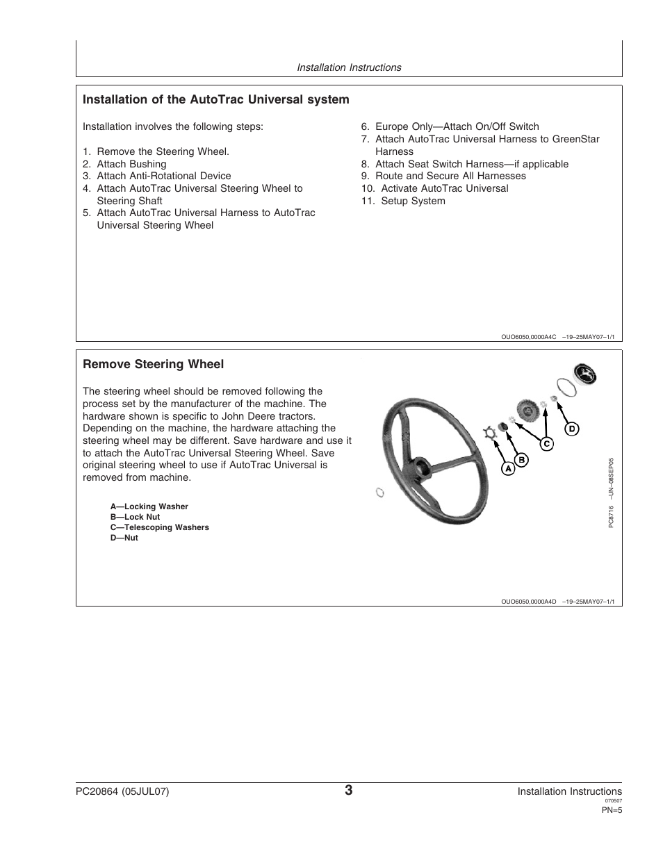 Installation of the autotrac universal system, Remove steering wheel | John Deere PC20864 User Manual | Page 5 / 24