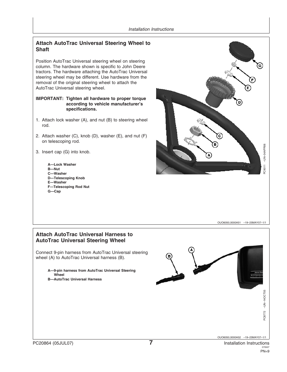 Attach autotrac universal steering wheel to shaft | John Deere PC20864 User Manual | Page 9 / 24