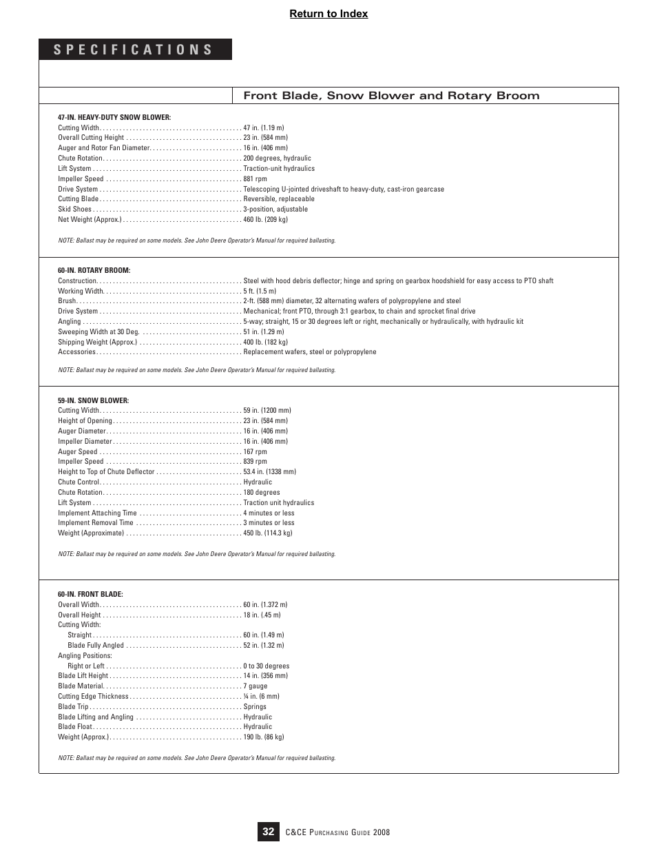 Front blade, snow blower and rotary broom, 32 return to index | John Deere 1400 User Manual | Page 2 / 2